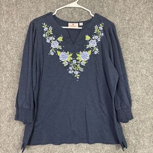 Quaker Factory Top Blouse  Womens XL Blue Floral Embroidery Rhinstones